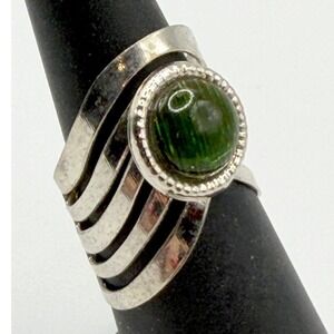 Silver Tone Wide Band Ring Green Cabochon Statement Adjustable Size 7-7.5